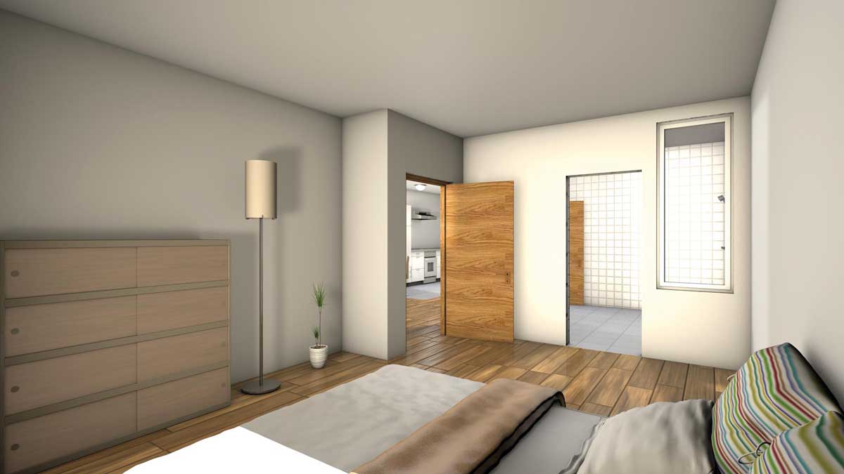 Fenster im Schlafzimmer mit Blick auf den Balkon, modernes Interieur, Holzmöbel, helle Wände, Wohnideen für gemütliches Zuhause, Innenarchitektur von Hahne Wohnen.