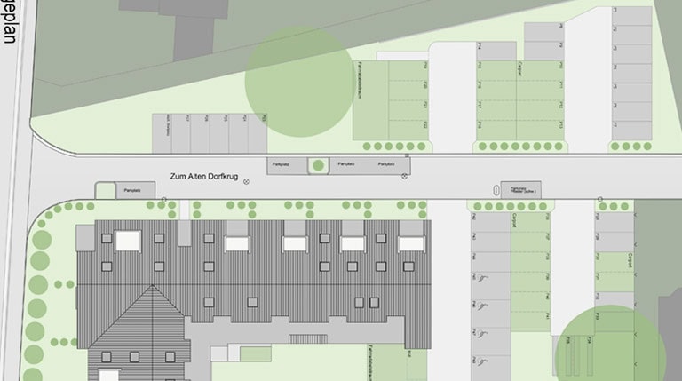 Moderner Wohnungsgrundriss mit Garten und Parkplätzen, Hahne Wohnen, innovative Wohnungsplanung in Deutschland, nachhaltiges und komfortables Wohnen, hochwertige Immobilienangebote in Deutschland.