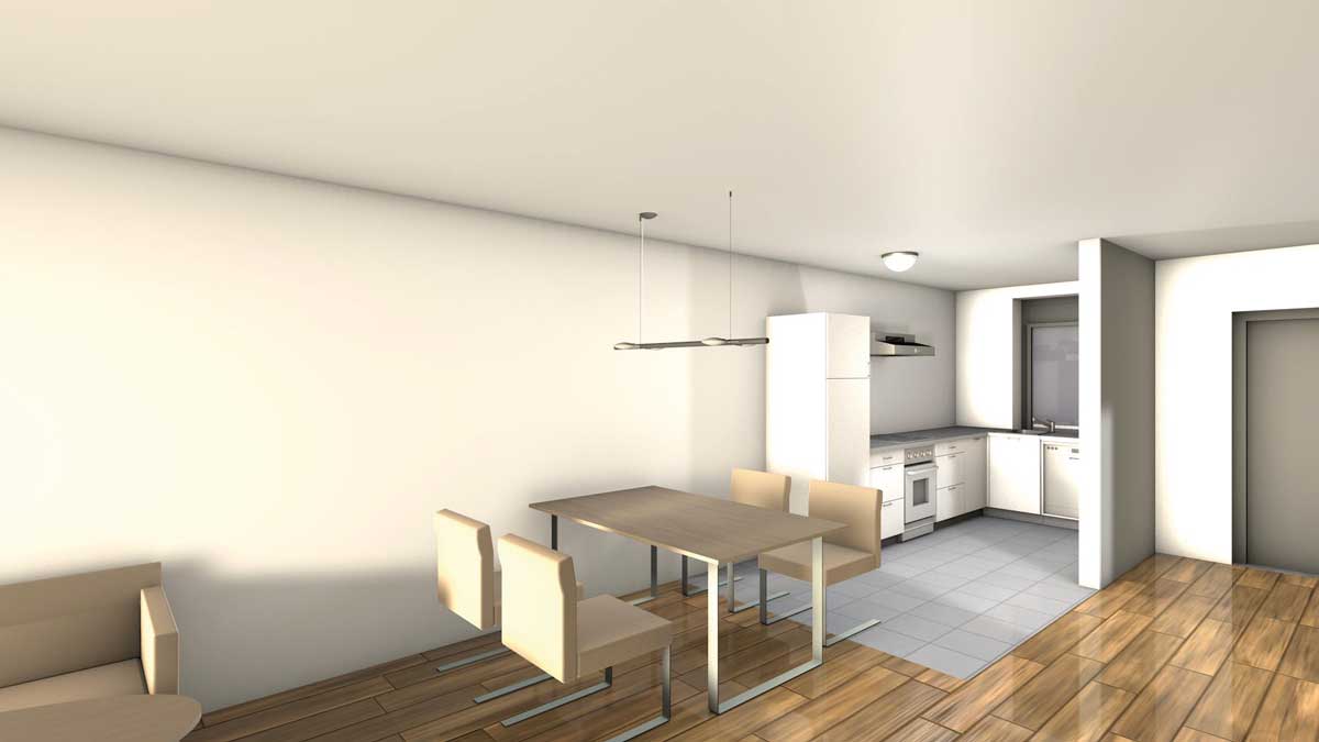 Moderne offene Wohnküche mit Essbereich und Küche, helle Flächen, Holzfußboden, weiße Möbel und komfortabler Raumgestaltung, ideal für stilvolles Wohnen im Alltag.