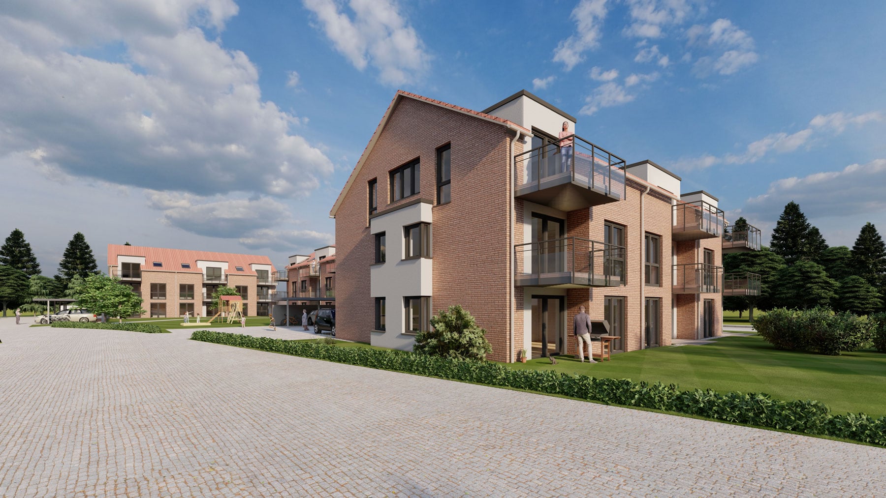 Moderne Mehrfamilienhäuser mit Balkon, Grünflächen und Parkplätzen in einer ruhigen Wohngegend, ideal für Familien und Investoren, hochwertiges Bauprojekt von Hahne Wohnen.