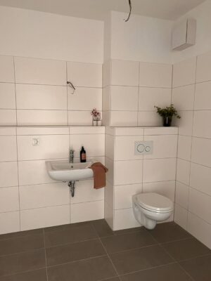 Modernes Badezimmer mit weißen Wandfliesen, wandhängender WC, kleinem Handwaschbecken, stilvollen Dekoelementen, Grünpflanzen, eleganten Fliesenboden, zeitgemäßem Wohnkonzept, Hahne Wohnen, Badgestaltung, Keramikdesign, Innenarchitektur, Badezimmerideen.